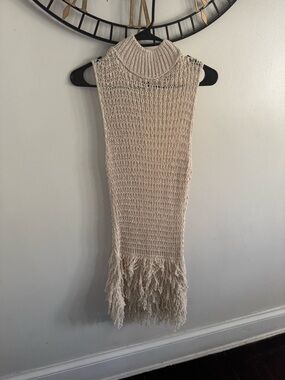 H&M Cream Knit Sleeveless Turtleneck Dress with Fringe Hem